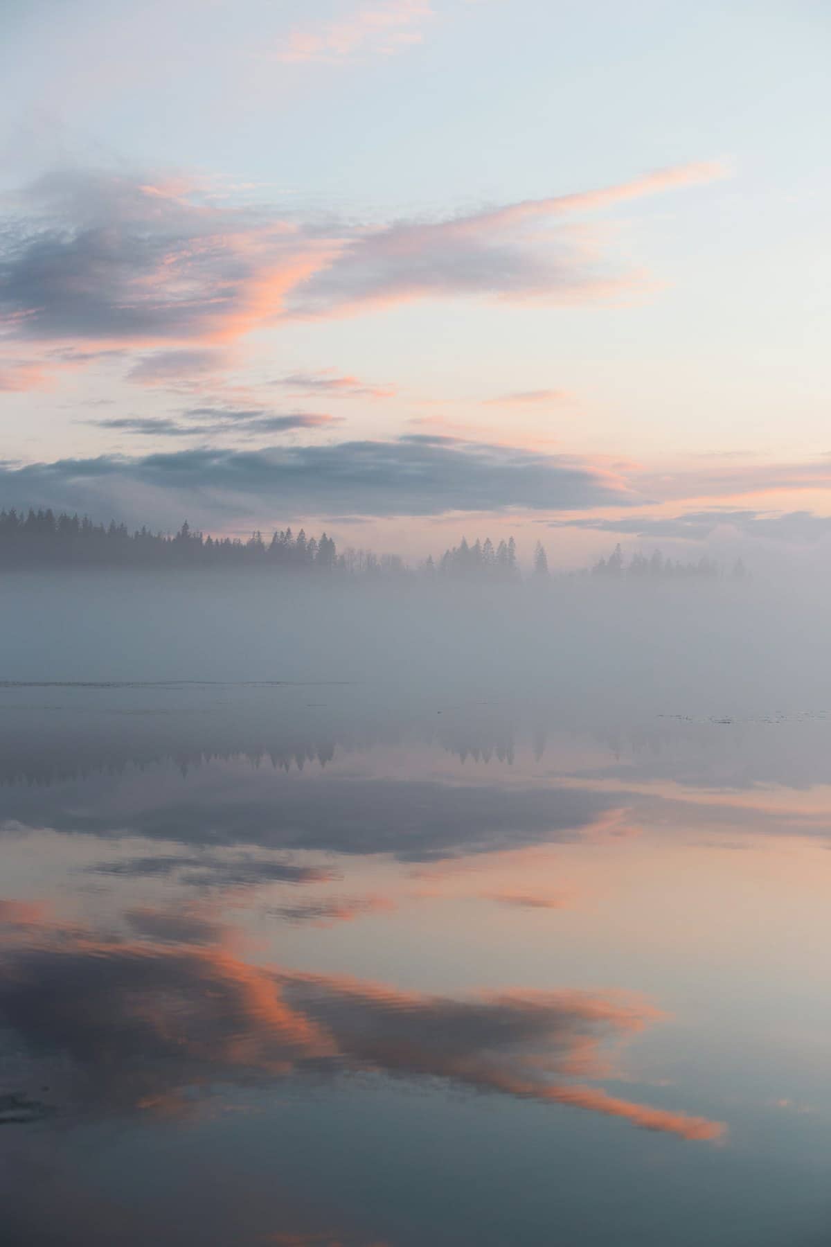 Morning mist over a calm lake at sunrise